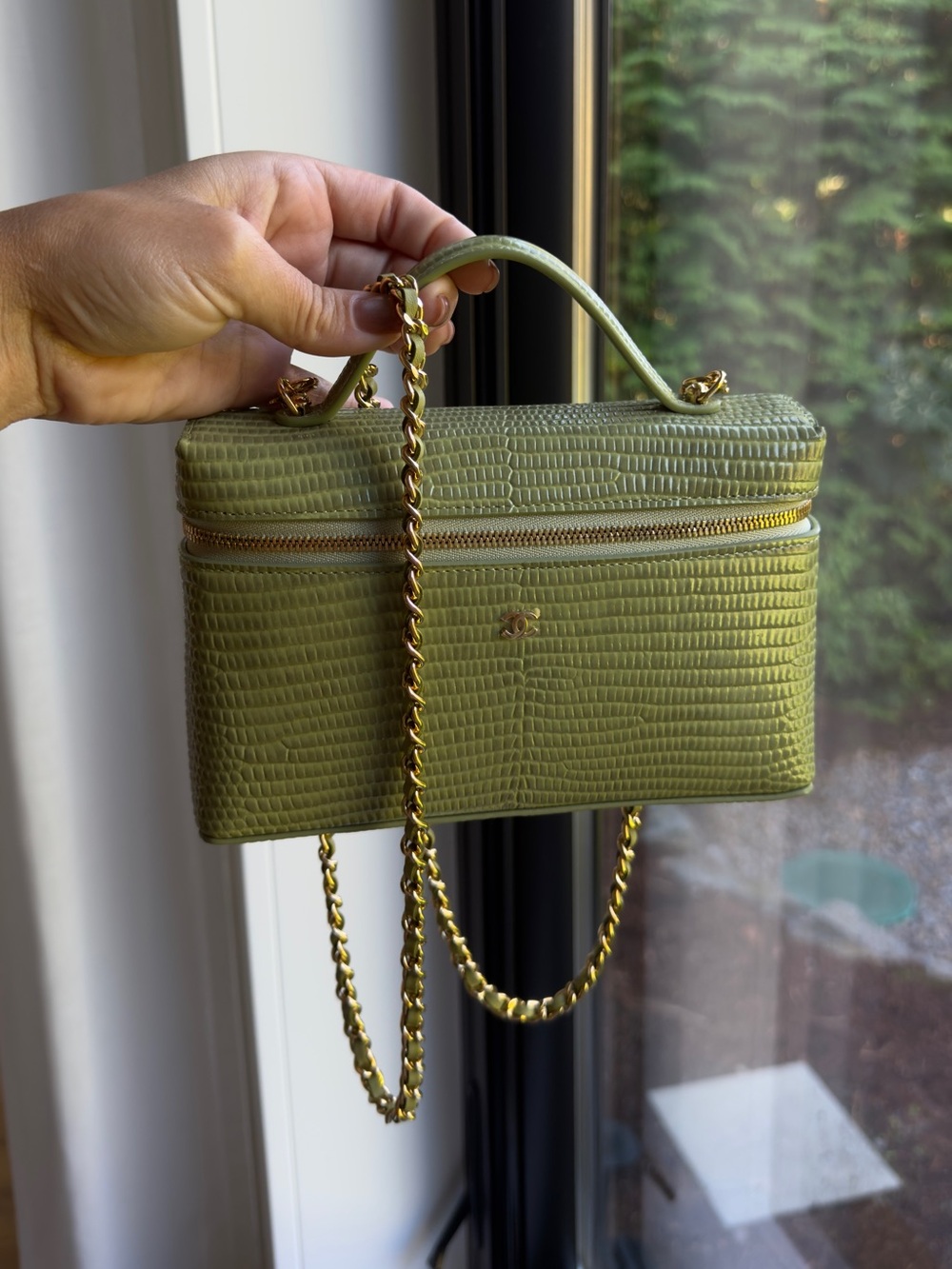 Chanel Olive Green Lizard Slim Vanity Top-Handle Crossbody Bag